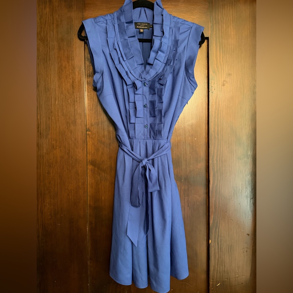 Ted Baker Blue Ruffle Neck Midi Dress
